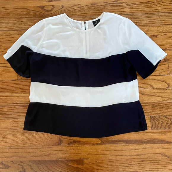 Worthington JCPenney Black and White Stripe Sheer Zip Top Blouse Petite Medium - Picture 4 of 6